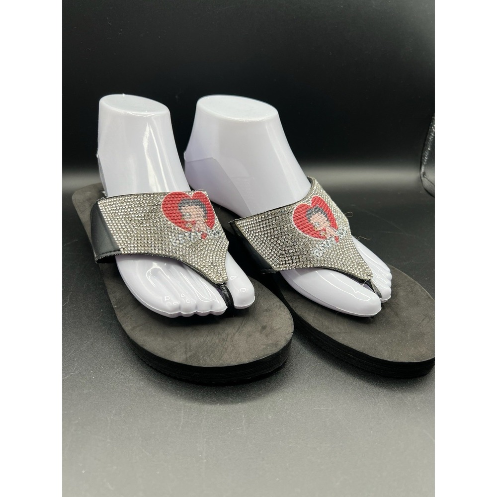 BETTY BOOP WOMENS BLACK FLIP FLOP THONG WEDGE SILVER RHINESTONE RED HEART SIZE 9